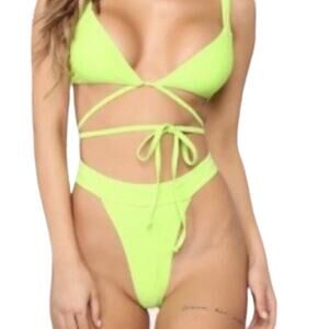 NWT Fashion Nova Hot Hot Heat High waisted Bikini Set Lime XL